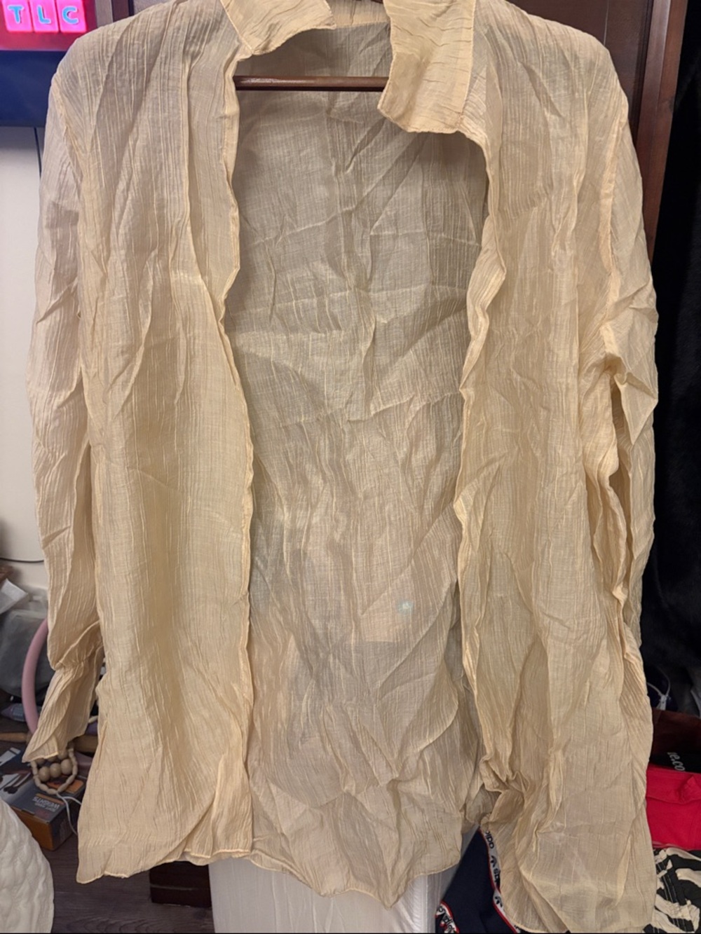 SHEIN Sheer Crinkled Long Sleeve Swim Coverup in Cream